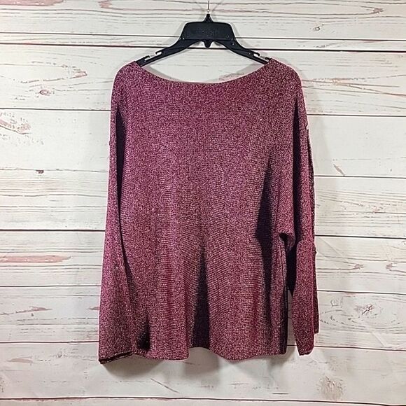 The Limited, Burgundy with Silver Metallic Knit Cold Shoulder Sweater, Size M - Picture 6 of 7